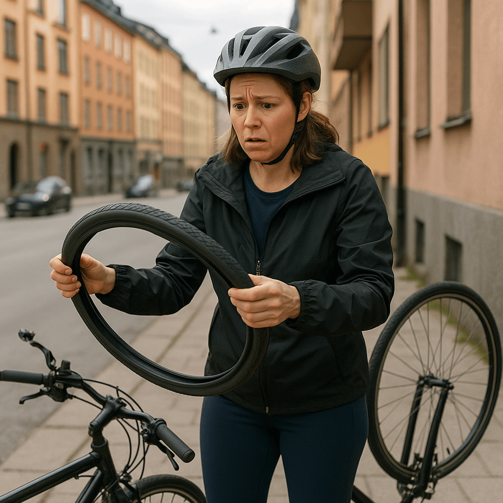 Byta slang på cykeln En kvinna som undrar hur hon ska byta innerslang cykel.