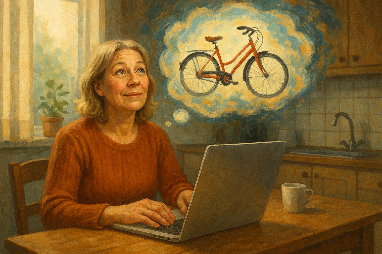 Cyklar på nätet Kvinna som funderar på att köpa cykel på nätet.