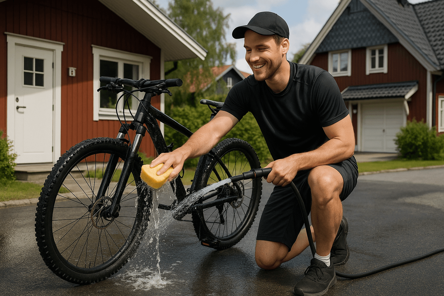Rengöring av cykel En man som håller på att tvätta mountainbike.