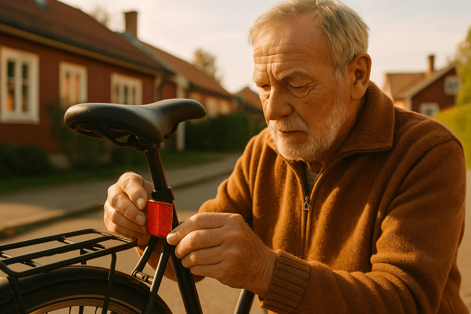 Montera reflex på cykel En äldre man som ska montera reflex på cykel.